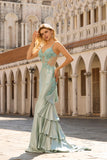 Beaded Light Green Mermaid Corset Sequin Long Prom Dress with Ruffles