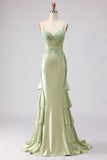Light Green Mermaid Corset Beaded Sequin Long Prom Dress with Ruffles