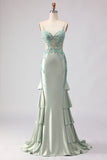 Light Green Mermaid Corset Beaded Sequin Long Prom Dress with Ruffles