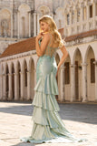 Beaded Light Green Mermaid Corset Sequin Long Prom Dress with Ruffles