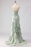 Beaded Light Green Mermaid Corset Sequin Long Prom Dress with Ruffles