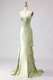 Light Green Mermaid Corset Beaded Sequin Long Prom Dress with Ruffles
