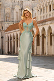 Beaded Light Green Mermaid Corset Sequin Long Prom Dress with Ruffles