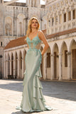 Beaded Light Green Mermaid Corset Sequin Long Prom Dress with Ruffles