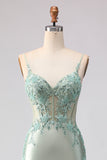 Light Green Mermaid Corset Beaded Sequin Long Prom Dress with Ruffles
