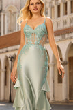 Beaded Light Green Mermaid Corset Sequin Long Prom Dress with Ruffles