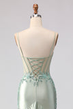 Light Green Mermaid Corset Beaded Sequin Long Prom Dress with Ruffles