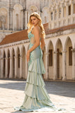 Beaded Light Green Mermaid Corset Sequin Long Prom Dress with Ruffles
