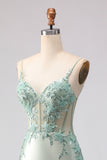 Light Green Mermaid Corset Beaded Sequin Long Prom Dress with Ruffles