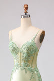 Light Green Mermaid Corset Beaded Sequin Long Prom Dress with Ruffles