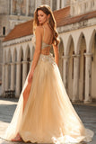 Champagne Sequin A Line Appliqued Corset Long Prom Dress with Slit