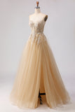 Champagne Sequin A Line Appliqued Corset Long Prom Dress with Slit