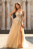 Champagne Sequin A Line Appliqued Corset Long Prom Dress with Slit