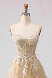 Champagne Sequin A Line Appliqued Corset Long Prom Dress with Slit