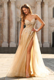 Champagne Sequin A Line Appliqued Corset Long Prom Dress with Slit