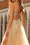 Champagne Sequin A Line Appliqued Corset Long Prom Dress with Slit
