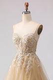Champagne Sequin A Line Appliqued Corset Long Prom Dress with Slit