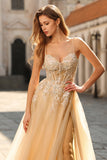 Champagne Sequin A Line Appliqued Corset Long Prom Dress with Slit