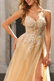 Champagne Sequin A Line Appliqued Corset Long Prom Dress with Slit