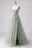 Champagne Sequin A Line Appliqued Corset Long Prom Dress with Slit