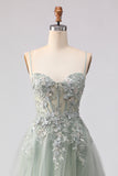 Champagne Sequin A Line Appliqued Corset Long Prom Dress with Slit