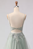 Champagne Sequin A Line Appliqued Corset Long Prom Dress with Slit
