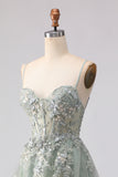 Champagne Sequin A Line Appliqued Corset Long Prom Dress with Slit