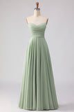 Sage Green Strapless A Line Pleated Long Bridesmaid Dress