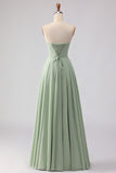 Sage Green Strapless A Line Pleated Long Bridesmaid Dress