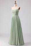 Sage Green Strapless A Line Pleated Long Bridesmaid Dress