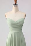 Sage Green Strapless A Line Pleated Long Bridesmaid Dress