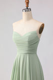Sage Green Strapless A Line Pleated Long Bridesmaid Dress