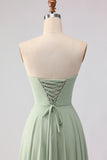 Sage Green Strapless A Line Pleated Long Bridesmaid Dress