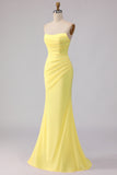 Yellow Strapless Mermaid Ruched Long Bridesmaid Dress