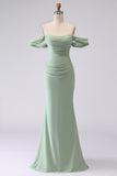 Sage Green Mermaid Off the Shoulder Ruched Long Bridesmaid Dress