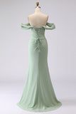 Sage Green Mermaid Off the Shoulder Ruched Long Bridesmaid Dress