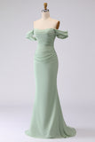 Sage Green Mermaid Off the Shoulder Ruched Long Bridesmaid Dress