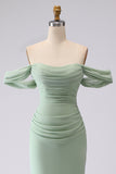 Sage Green Mermaid Off the Shoulder Ruched Long Bridesmaid Dress