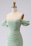 Sage Green Mermaid Off the Shoulder Ruched Long Bridesmaid Dress