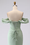 Sage Green Mermaid Off the Shoulder Ruched Long Bridesmaid Dress