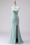 Green Halter Mermaid Ruched Long Bridesmaid Dress with Slit