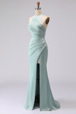 Green Halter Mermaid Ruched Long Bridesmaid Dress with Slit