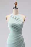 Green Halter Mermaid Ruched Long Bridesmaid Dress with Slit