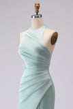 Green Halter Mermaid Ruched Long Bridesmaid Dress with Slit