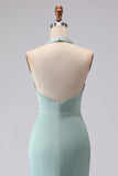 Green Halter Mermaid Ruched Long Bridesmaid Dress with Slit