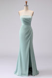 Simple Green Strapless Mermaid Long Bridesmaid Dress with Slit