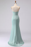 Simple Green Strapless Mermaid Long Bridesmaid Dress with Slit
