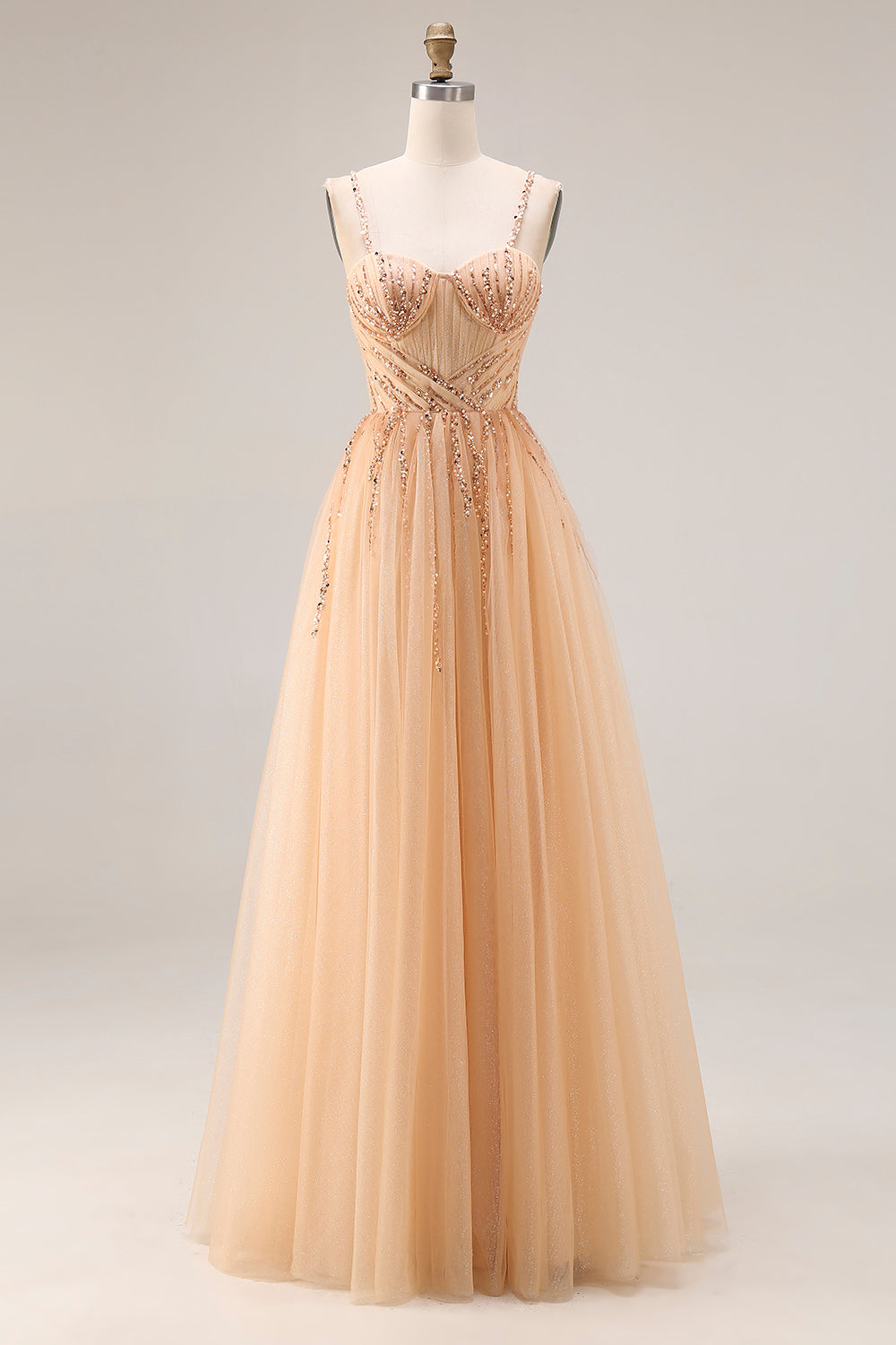 WEDTREND Women Sparkly Peach Long Prom Dress Sequin A Line Tulle Spaghetti Straps Party Dress with Lace Up Back, Peach / US2