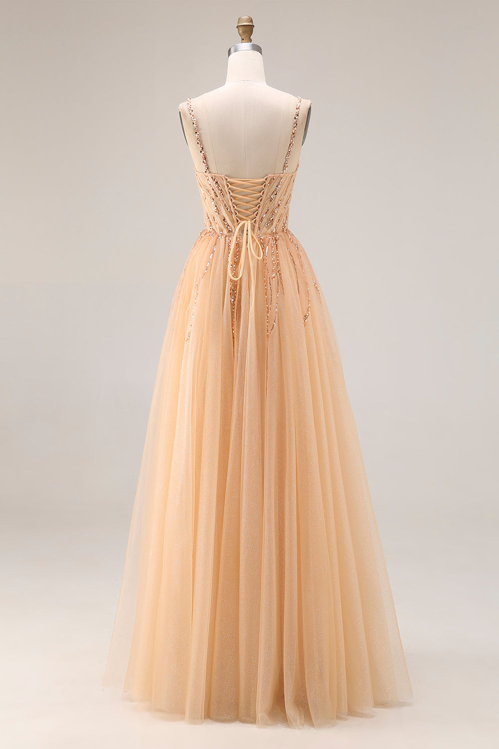 Wedtrend Women Sparkly Peach Long Prom Dress Sequin A Line Tulle Spaghetti Straps Party Dress with Lace Up Back, Peach / US2 Wedtrend Women Sparkly Peach Long Prom Dress Sequin A Line Tulle Spaghetti Straps Party Dress with Lace Up Back, Peach / US2