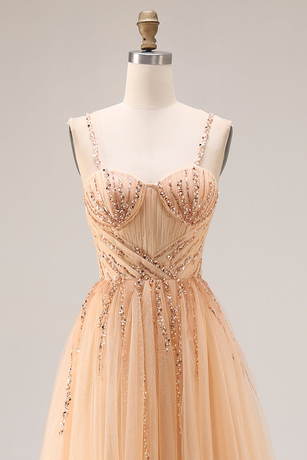 WEDTREND Women Sparkly Peach Long Prom Dress Sequin A Line Tulle Spaghetti Straps Party Dress with Lace Up Back, Peach / US2